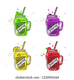 Vector illustration of hand drawing smoothies with mint, currant, strawberry and lemon