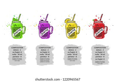 Vector illustration of hand drawing smoothies and smoothie recipe with mint, currant, strawberry and lemon