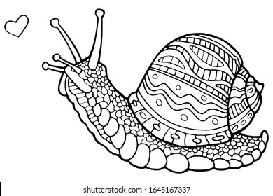 Vector illustration. Hand drawing snail. Cute snail reaches for the heart. Coloring page. The original print. Illustration for a children's book. Coloring book for children and adults.