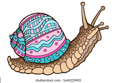 Vector illustration. Hand drawing snail. Isolated on white. Cute snail with a pink-blue shell. The original print. Illustration for a children's book.