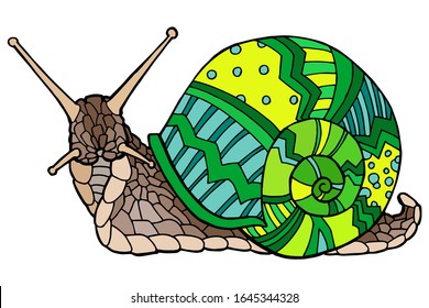 Vector illustration Hand drawing snails. Isolated on white. Cute snail with a yellow-green shell. The original print. Illustration for the children's book.