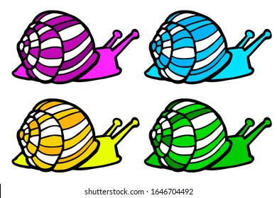 Vector illustration Hand drawing snails. Isolated on white. A cute snail with a purple striped shell. The original print. Illustration for the children's book.