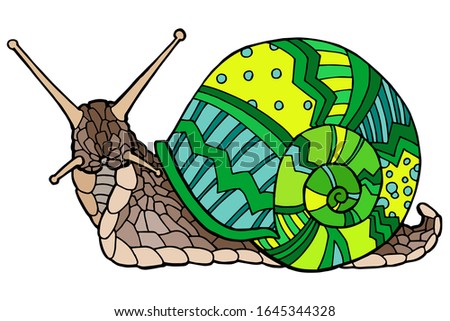 Vector illustration Hand drawing snails. Isolated on white. Cute snail with a yellow-green shell. The original print. Illustration for the children's book.