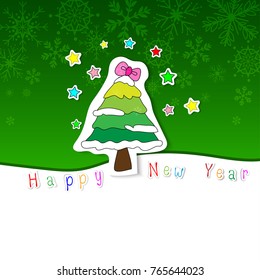 Vector and illustration hand drawing sticker style of cute Christmas tree and colorful star with Happy New Year word on green color and snowflake background