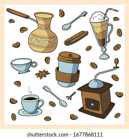 Vektorillustration Illustration im handgezeichneten Stil. Doodle Set aus Kaffeeelementen auf weißem Hintergrund. Löffel, traditioneller türkischer Zement, Kaffeemaschine und Winterwürze, Tasse zum Mitnehmen
