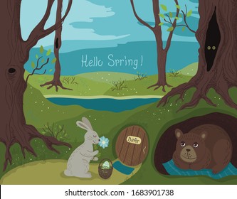 Vector illustration in hand drawing style. Spring came to the forest and the bear wakes up from hibernation. Print for your design. Spring mood. Hello spring.