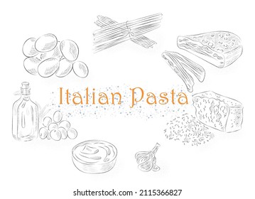 Vector illustration in hand drawing style of carbonara pasta recipe with ingredients: parmesan, olive oil, garlic, spaghetti, bacon, cream