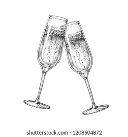 Vector illustration of hand drawing two clinking champagne glasses