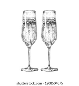 Vector illustration of hand drawing two champagne glasses