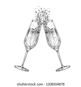 Vector illustration of hand drawing two clinking champagne glasses