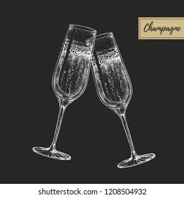 Vector illustration of hand drawing two clinking champagne glasses