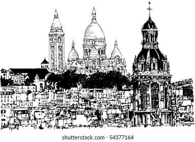 Vector illustration of a hand drawing view of Sacre Coeur in Paris