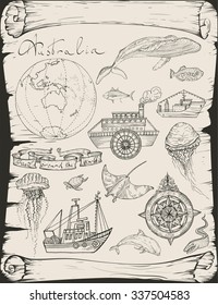Vector illustration. Hand drawing in vintage style.Boat trips, Australia.