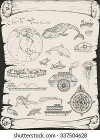 Vector illustration. Hand drawing in vintage style.Boat trips, North America.