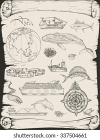 Vector illustration. Hand drawing in vintage style.Boat trips, Asia.