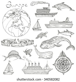 Vector illustration. Hand drawing in vintage style. Boat trips to Europe.