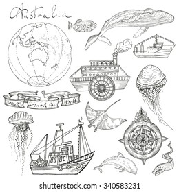 Vector illustration. Hand drawing in vintage style. Boat trips, Australia.
