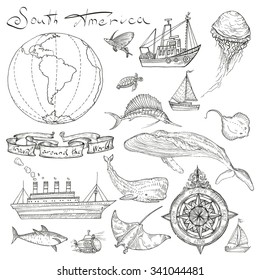 Vector illustration. Hand drawing in vintage style.Boat trips, South America.