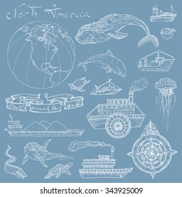 Vector illustration. Hand drawing in vintage style.Boat trips, North America.