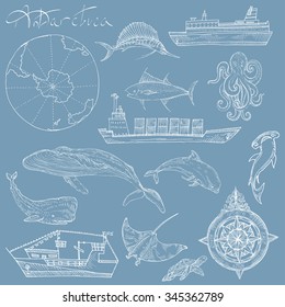 Vector illustration. Hand drawing in vintage style. Boat trips, Antarctica.