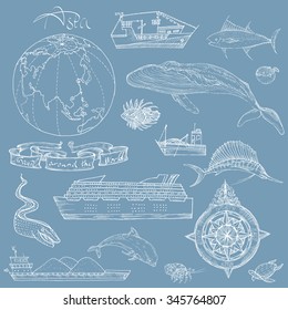 Vector illustration. Hand drawing in vintage style.Boat trips, Asia.