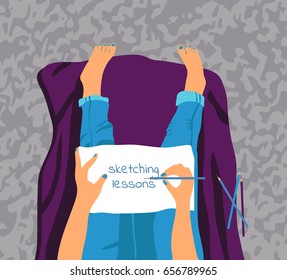 a vector illustration;  a hand drawing whimsical illustration of a girl sitting on the ground on a towel and drawing on a sheet of paper with a pencil and wearing jeans; great to place your text