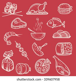 Vector illustration  Hand drawing  White icons products red background 