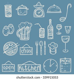 Vector illustration. Hand drawing. White icons products on a blue background.