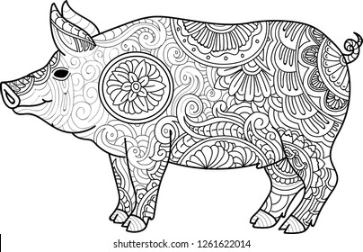 Vector illustration Hand Drawing zentangle pig for coloring book for adult or other decorations.
