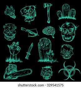 Vector illustration. Hand drawing. The zombie apocalypse.Green illustration on a black background.