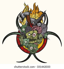 Vector illustration. Hand drawing. The zombie apocalypse. Color illustration on a beige background.