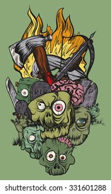 Vector illustration. Hand drawing. The zombie apocalypse. Color illustration on a green background.