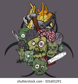 Vector illustration. Hand drawing. The zombie apocalypse. Color illustration on a gray background.