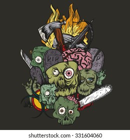 Vector illustration. Hand drawing. The zombie apocalypse. Color illustration on a black background.