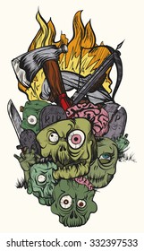 Vector illustration. Hand drawing. The zombie apocalypse. Color illustration on a beige background.