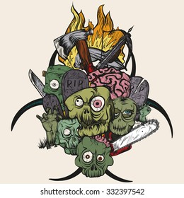 Vector illustration. Hand drawing. The zombie apocalypse. Color illustration on a beige background.