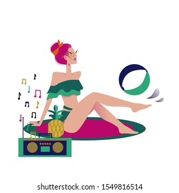 Vector illustration with hand drawing.Beautiful woman spends time on the beach, listening to music, playing ball.she enjoys her free time.