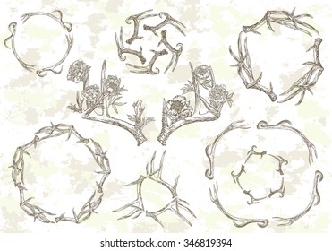 Vector illustration. Hand drawing.Deer antlers in flowers and frame composed of horns.