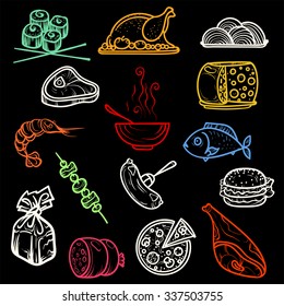 Vector illustration. Hand drawing.Multicolored icons products on the black background.