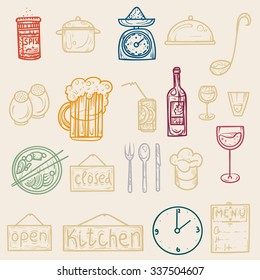 Vector illustration. Hand drawing.Multicolored icons products on light background.
