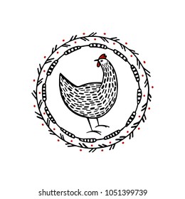 Vector illustration of hand drawn abstract chicken emblem. Beautiful ink drawing, heavy contour, abstract design elements. Perfect elements for food or farming design.