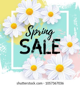 Vector illustration, hand drawn abstract background with realistic flowers. Spring sale banner.