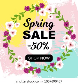 Ilustración vectorial, fondo abstracto dibujado a mano con correa floral. Cartel de la venta de primavera.
