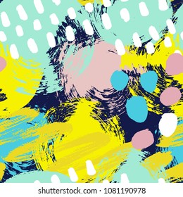 Vector illustration, hand drawn abstract seamless pattern with paint blots, dots and lines.