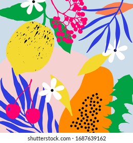  Ilustración vectorial dibujada a mano. Collage tropical moderno abstracto con varias frutas, plantas exóticas y formas geométricas. Ilustración floral contemporánea para el diseño de tejidos.