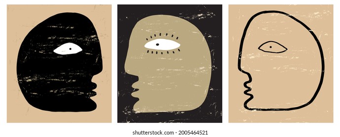 Vector Illustration with Hand Drawn Abstract Human Heads on a Black and Brown Background. Simple Grunge Modern Print. Minimalist Art ideal for Poster, Card, Wall Art, Room Decoration.