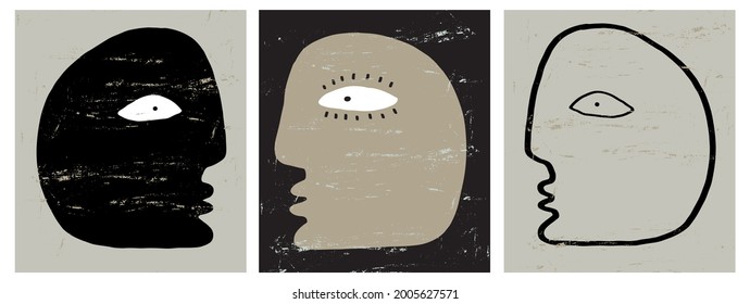 Vector Illustration with Hand Drawn Abstract Human Heads on a Black and Gray Background. Simple Grunge Modern Print. Minimalist Art ideal for Poster, Card, Wall Art, Room Decoration.