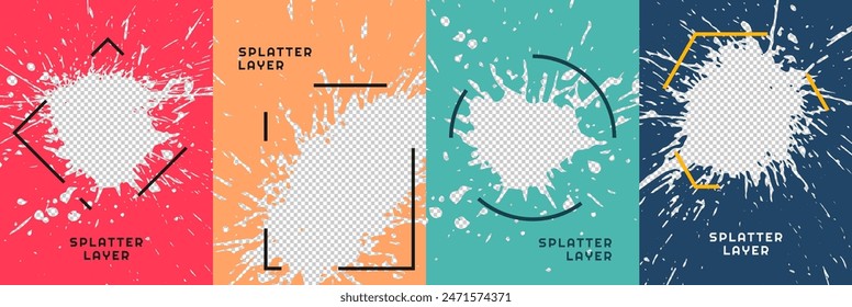 Vector illustration. Hand drawn abstract color frame set. Ink brush strokes mess. Design for poster, invitation, gift card, coupon, book cover, photography overlay, web banner. Paint splatter