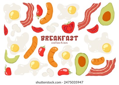 Vector illustration with hand drawn abstract fried eggs, bacon, sausages, tomatoes, avocados isolated on white background. Food illustration clipart for decor print, card, menu