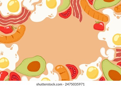 Vektorillustration mit handgezogenen abstrakten Spiegelei, Speck, Würstchen, Tomaten, Avocados Rahmen isoliert auf farbigem Hintergrund. Food Illustration Clipart für Dekordruck, Karte, Menü